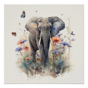 Poster Art à l'aquarelle de l'éléphant