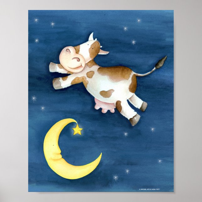 Poster Art à l'aquarelle fantaisiste vache sautant par-de (Devant)