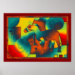 Poster ART Abstrait - A HORSE - bleu rouge jaune