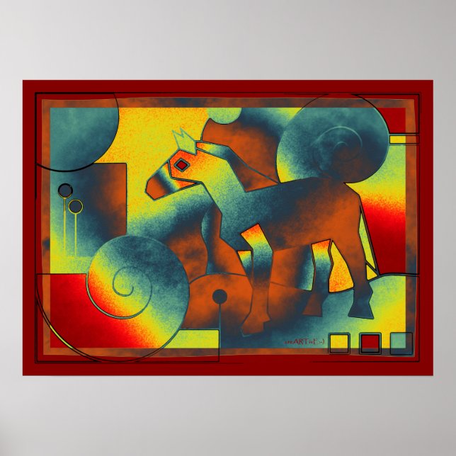 Poster ART Abstrait - A HORSE - bleu rouge jaune (Devant)