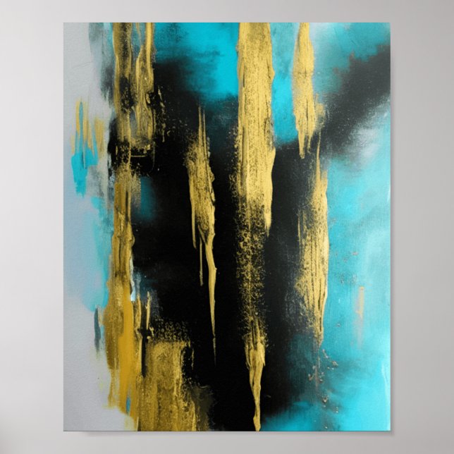 Poster Art Abstrait artistique en Turquoise, Or et Noir (Devant)