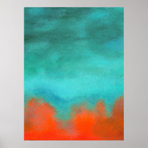 Poster Art Abstrait Ciel Feu Lave Rouge Orange Turquoise