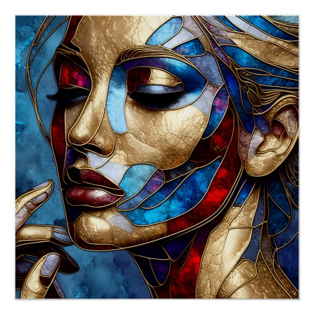 Poster Art Abstrait en vitrail du visage d'une femme (Devant)