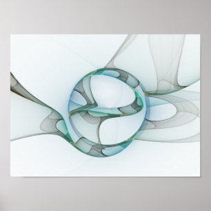 Poster Art Abstrait moderne Fractal Bleu Turquoise Gris
