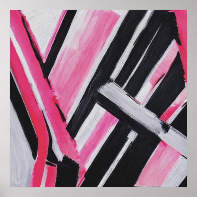 Poster Art Abstrait noir, blanc et rose (Devant)