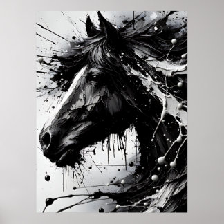 Poster Art Abstrait noir et blanc, Cheval