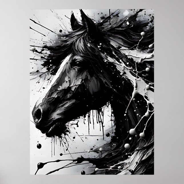 Poster Art Abstrait noir et blanc, Cheval (Devant)