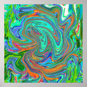 Poster Art abstrait rétro groovy Aqua, Orange et Vert