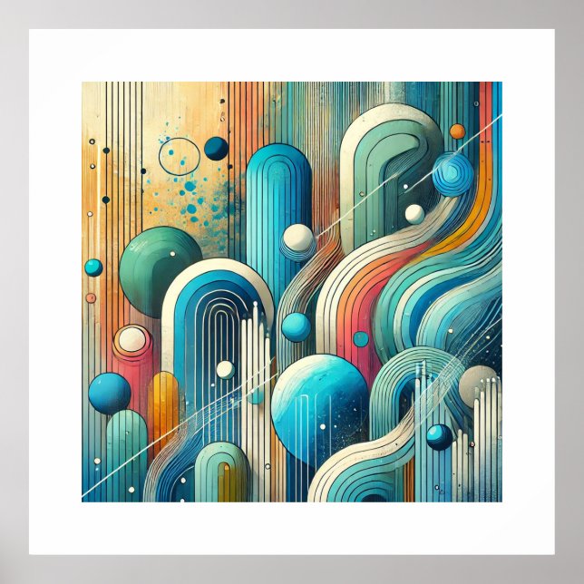 Poster Art Abstrait vif avec des formes ovales bleues et  (Devant)