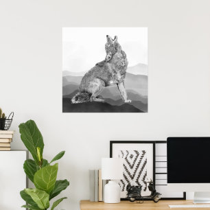 Poster Art animalier coyote hurlant aquarelle