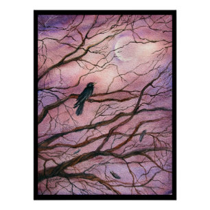 Poster Art aquarelle Corbeau Clair de Lune