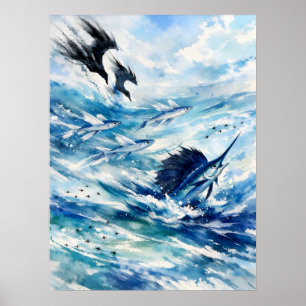 Poster Art aquarelle de la faune de la surface de l'océan