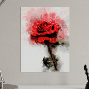 Poster Art aquarelle de rose rouge sur fond blanc
