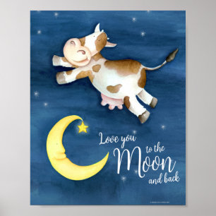 Poster Art aquarelle fantaisiste vache sautant par-dessus