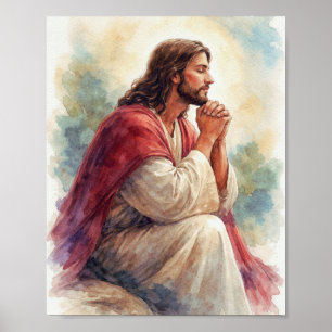 Poster Art aquarelle Jésus en prière Foi chrétienne