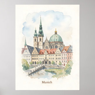 Poster art aquarelle Munich Allemagne