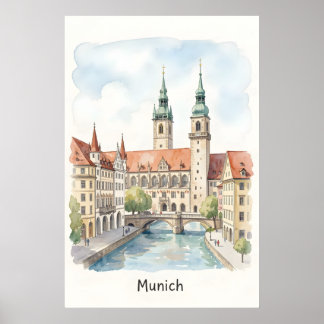 Poster art aquarelle Munich Allemagne