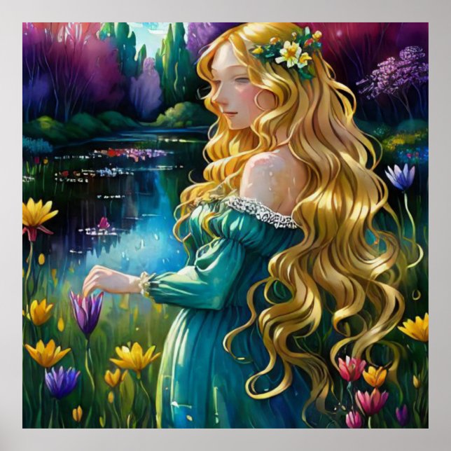 Poster *~ Art Blonde Femme Fleurs Woman Pond AP56 (Devant)