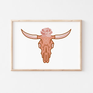 Poster Art Boho Moderne de Crâne de Vache à Motif Floral