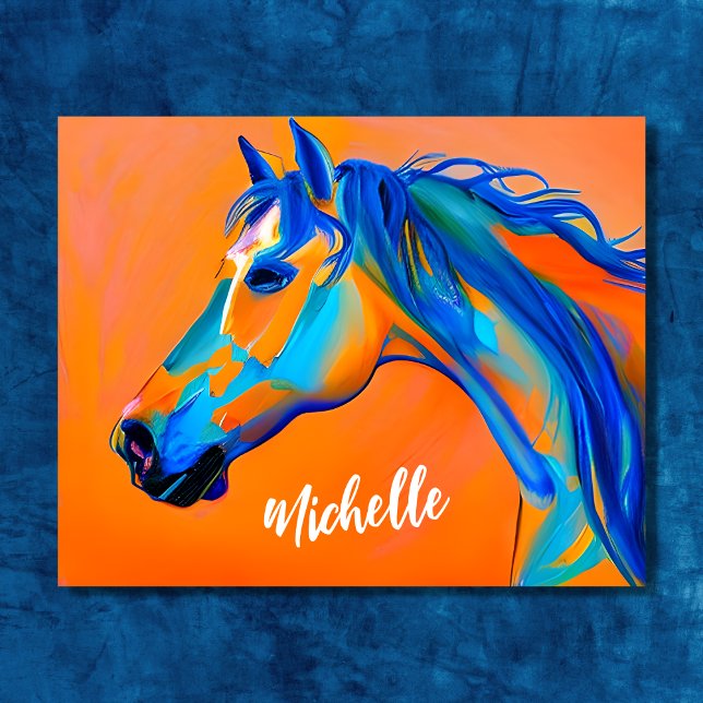 Poster Art Cheval Abstrait bleu et orange personnalisé (Personalized Blue and Orange Abstract Horse Art Poster)