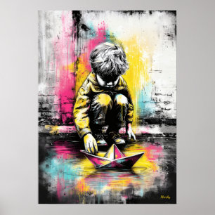 Poster Art contemporain urbain d'enfant émotionnel bateau