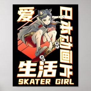 Poster Art cool d'anime de skateboard de femmes et de fil