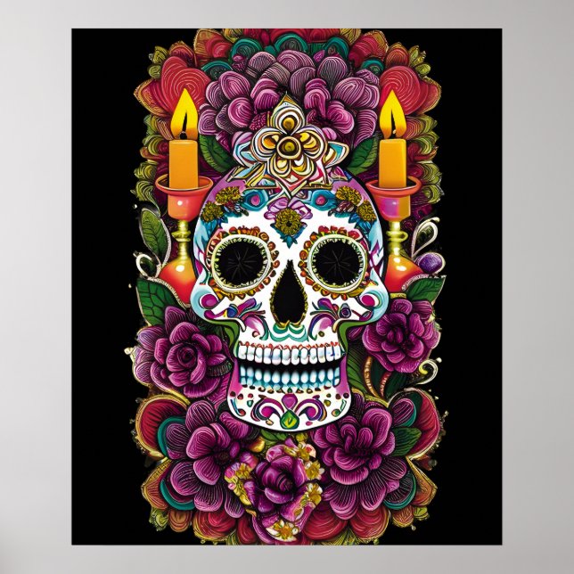 Poster Art crâne de sucre - Altar à la lueur des bougies (Devant)