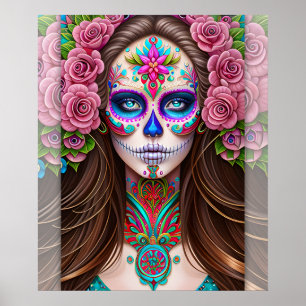 Poster Art crâne sucre - Femme dans le maquillage crâne s