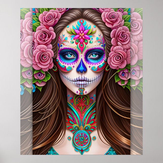Poster Art crâne sucre - Femme dans le maquillage crâne s (Devant)