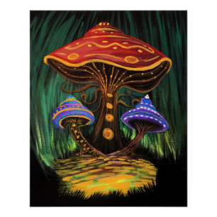 Poster Art de champignon coloré Forêt cottagecore fantais