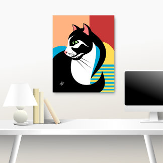 Poster Art de chat noir et blanc stylisé
