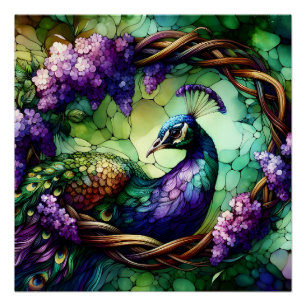 Poster Art de couronne florale de paon en verre coloré