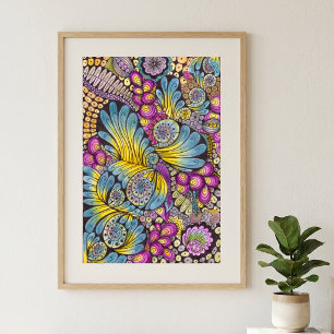Poster Art de doodle vibrant coloré boho floral à plumes