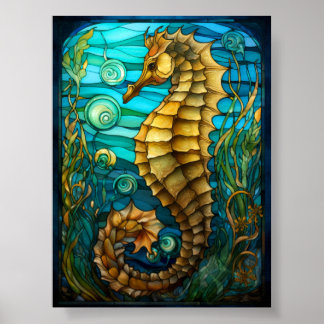 Poster Art de fantaisie océanique hippocampe en verre col