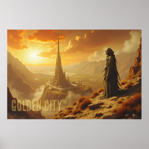 Poster Art de fantasy sci-fi futuriste de la ville dorée