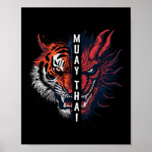 Poster Art de kickboxing Muay Thai Tête de Dragon et Tigr