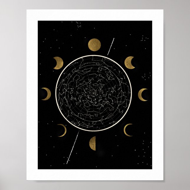 Poster Art de la constellation céleste Imprimer Or noir (Devant)