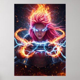 Poster Art de la fille gameuse mage élémentaire