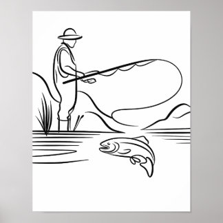 Poster Art de la ligne de pêche saumon
