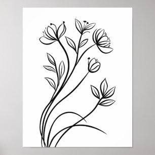 Poster Art de la ligne fleur sauvage Botanique noir et bl