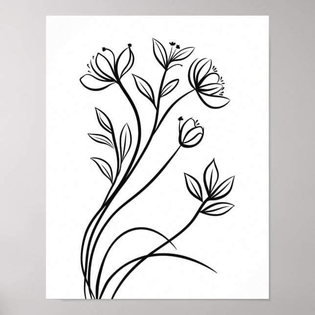 Poster Art de la ligne fleur sauvage Botanique noir et bl (Devant)