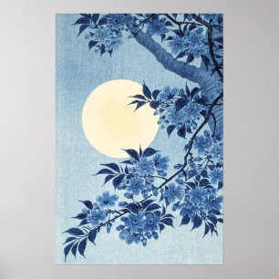 Poster Art de la Pleine lune Florale Bleue