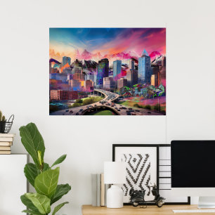 Poster Art de la skyline abstraite et colorée de Denver C