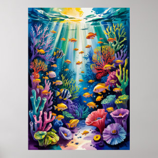 Poster Art de la vie marine à l'aquarelle sur un récif co