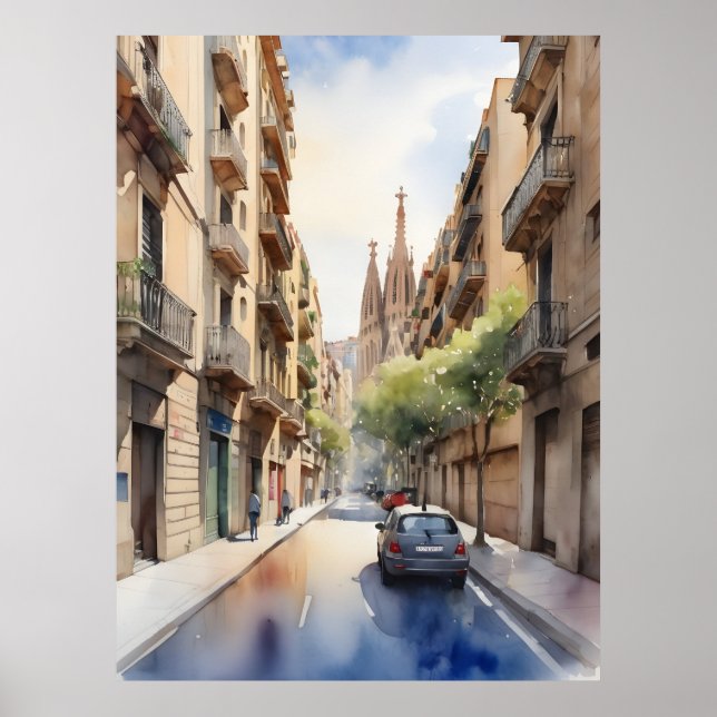 Poster Art de l'aquarelle de Barcelone (Devant)