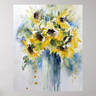Poster Art de l'aquarelle des fleurs de soleil