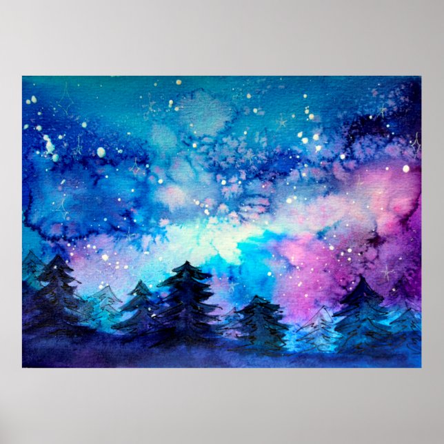 Poster Art de l'espace à l'aquarelle avec ciel nocturne e (Devant)