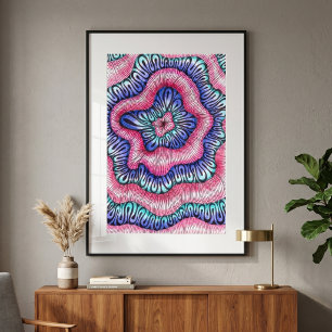 Poster Art de ligne ondulée abstrait psychédélique rose e
