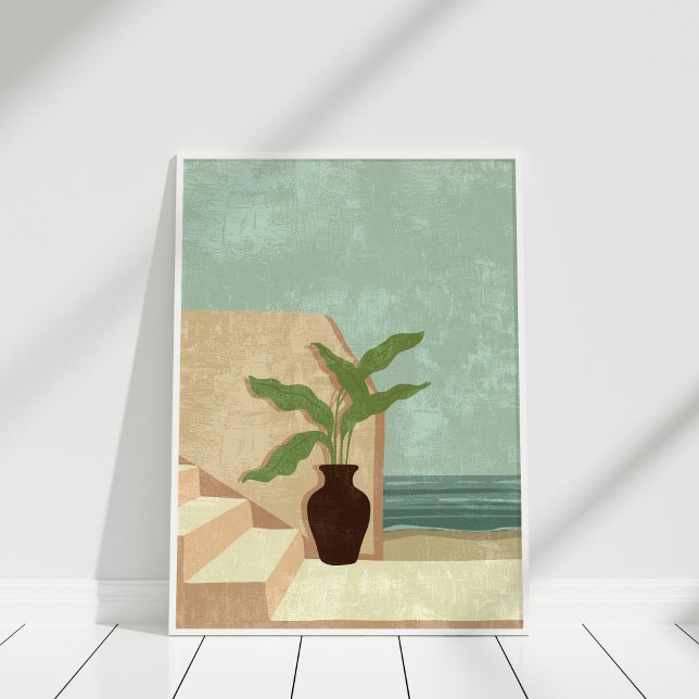 Poster Art de l'illustration côtière neutre et Turquoise  (Boho Neutral and Teal Coastal Illustration Art Poster in a white frame against white wall.)