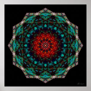 Poster Art de mandala géométrique turquoise rouge complex